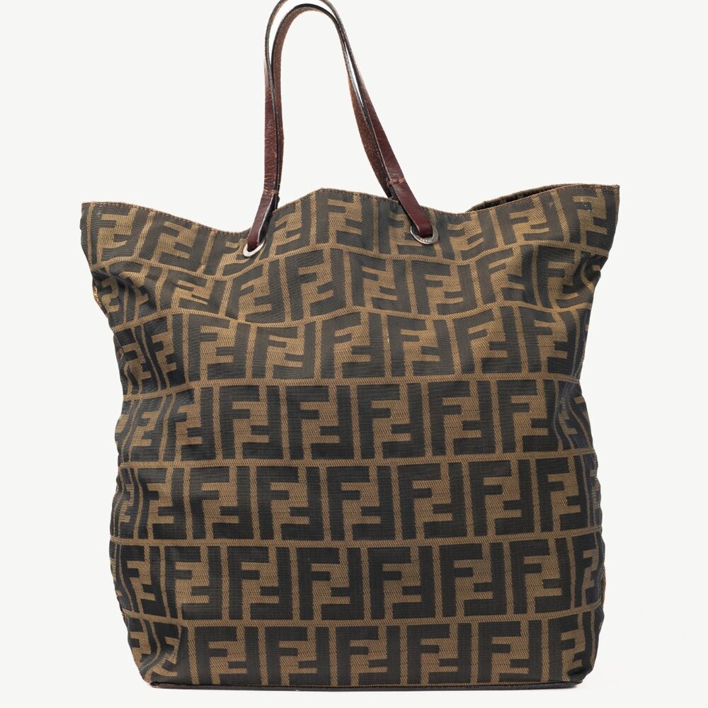 Fendi Khaki Zucca Canvas Leather-Trim Tote